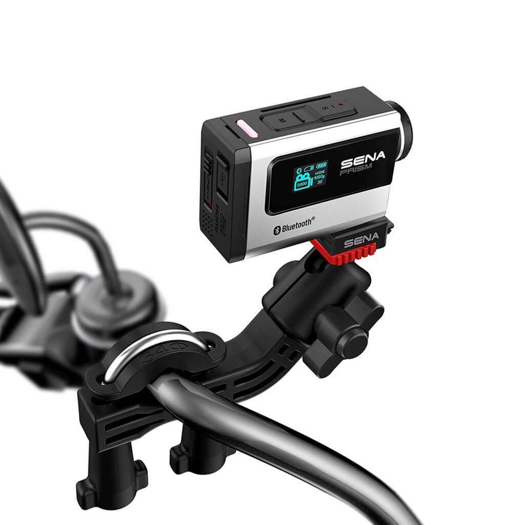 Sena Prism motorcycle dash cam on a Handlebar