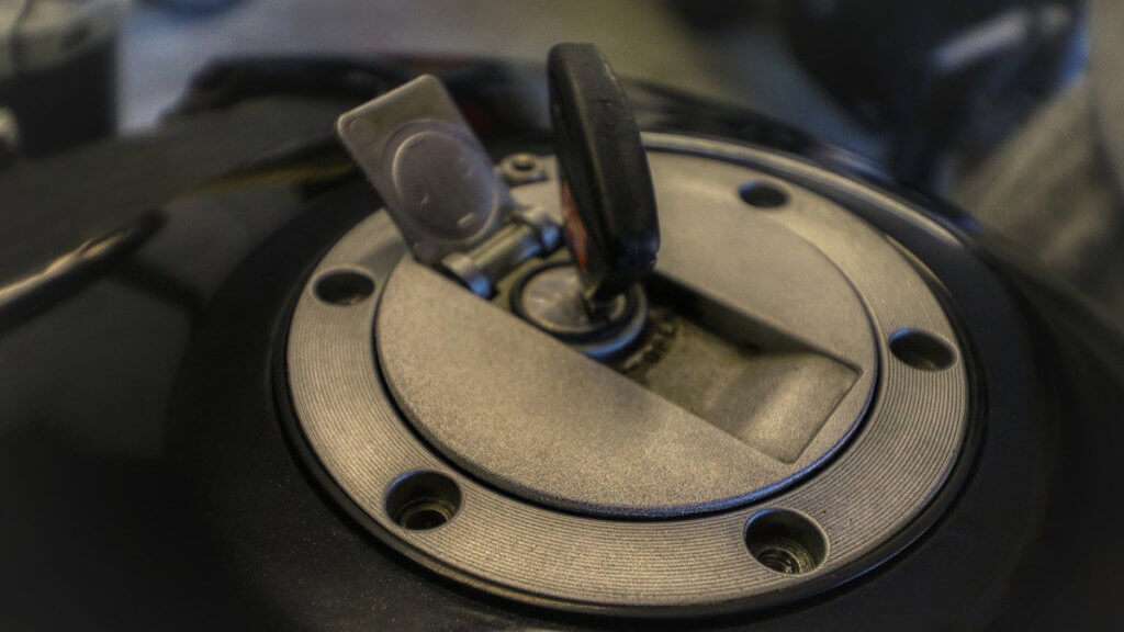 Close-up of a motorcycle fuel cap