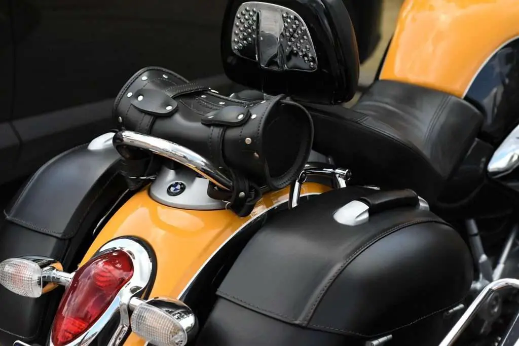 Rear of motorcycle with side panniers and top bag