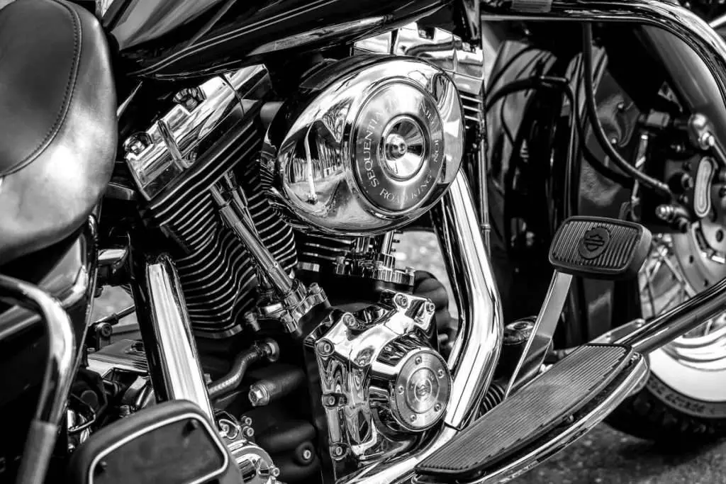 Grayscale photo of a motorcycle engine