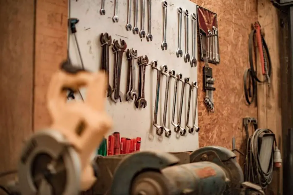 Wrenches on the wall of a garage