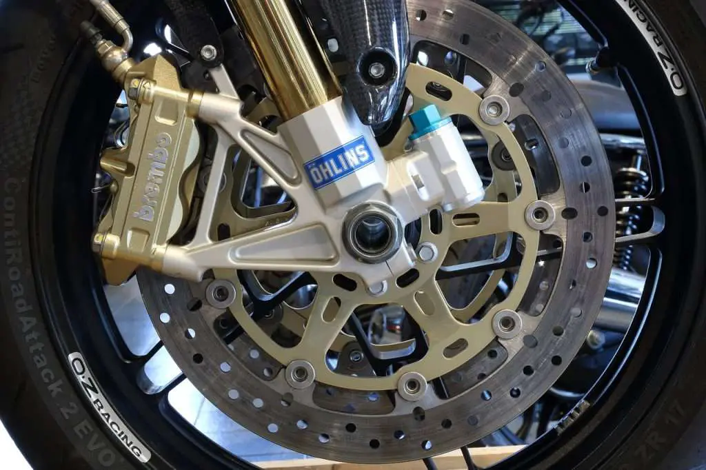 Close-up of motorcycle brake disk and calliper 